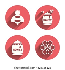 Honey icon. Honeycomb cells with bees symbol. Sweet natural food signs. Pink circles flat buttons with shadow. Vector