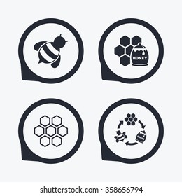 Honey icon. Honeycomb cells with bees symbol. Sweet natural food signs. Flat icon pointers.