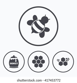 Honey icon. Honeycomb cells with bees symbol. Sweet natural food signs. Icons in circles.