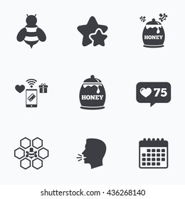 Honey icon. Honeycomb cells with bees symbol. Sweet natural food signs. Flat talking head, calendar icons. Stars, like counter icons. Vector