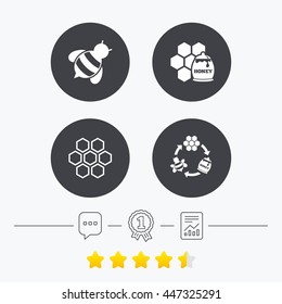Honey icon. Honeycomb cells with bees symbol. Sweet natural food signs. Chat, award medal and report linear icons. Star vote ranking. Vector