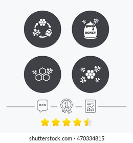 Honey icon. Honeycomb cells with bees symbol. Sweet natural food signs. Chat, award medal and report linear icons. Star vote ranking. Vector