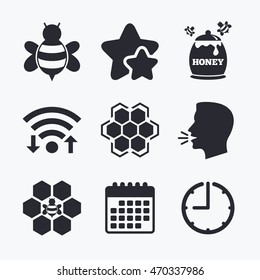 Honey icon. Honeycomb cells with bees symbol. Sweet natural food signs. Wifi internet, favorite stars, calendar and clock. Talking head. Vector