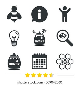 Honey icon. Honeycomb cells with bees symbol. Sweet natural food signs. Information, light bulb and calendar icons. Investigate magnifier. Vector