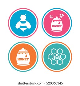 Honey icon. Honeycomb cells with bees symbol. Sweet natural food signs. Colored circle buttons. Vector