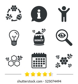 Honey icon. Honeycomb cells with bees symbol. Sweet natural food signs. Information, light bulb and calendar icons. Investigate magnifier. Vector