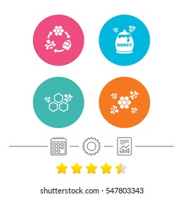 Honey icon. Honeycomb cells with bees symbol. Sweet natural food signs. Calendar, cogwheel and report linear icons. Star vote ranking. Vector