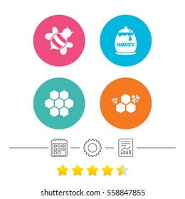 Honey icon. Honeycomb cells with bees symbol. Sweet natural food signs. Calendar, cogwheel and report linear icons. Star vote ranking. Vector