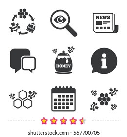 Honey icon. Honeycomb cells with bees symbol. Sweet natural food signs. Newspaper, information and calendar icons. Investigate magnifier, chat symbol. Vector