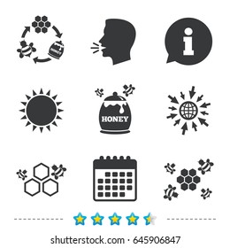 Honey icon. Honeycomb cells with bees symbol. Sweet natural food signs. Information, go to web and calendar icons. Sun and loud speak symbol. Vector