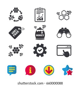 Honey icon. Honeycomb cells with bees symbol. Sweet natural food signs. Browser window, Report and Service signs. Binoculars, Information and Download icons. Stars and Chat. Vector