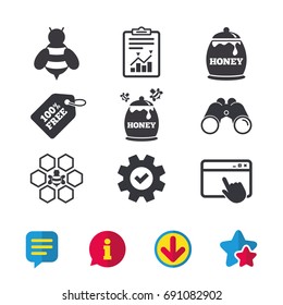 Honey icon. Honeycomb cells with bees symbol. Sweet natural food signs. Browser window, Report and Service signs. Binoculars, Information and Download icons. Stars and Chat. Vector