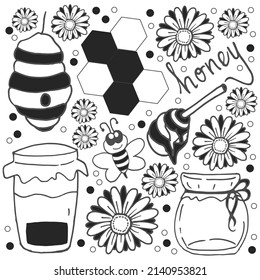 honey icon. monochrome style, black and white colors. hand drawn vector. honey-hand drawn lettering with flower, bee, jar, hexagon and beehive illustration. doodle honey art for kids, logo, sticker. 