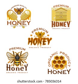 Honey icon with natural sweet food of beekeeping farm. Honey bee, honeycomb, wooden beehive and dipper symbol with honey drop and splashes for food packaging label or apiculture themes design