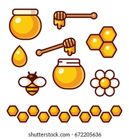 Honey icon set. Bee and flower, honey jar and spoon. Cartoon vector clip art illustration.