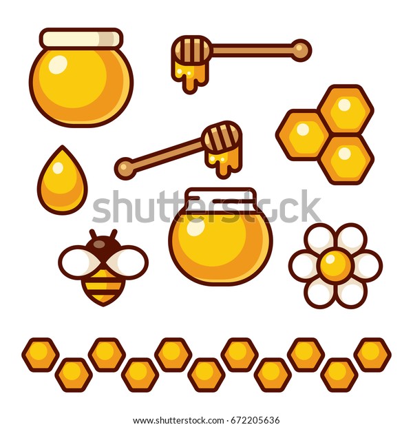 蜂蜜アイコンセット 蜂と花 蜂蜜の瓶とスプーン カートーンのベクター画像クリップアートイラスト のベクター画像素材 ロイヤリティフリー