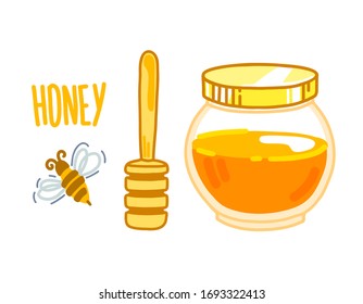Honey icon set with bee insects, honey jar, honey spoon and lettering. Vector illustrations isolated on white background. Organic food design concept.