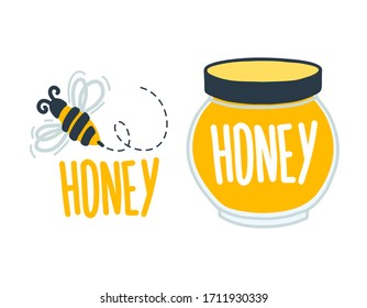 Honey icon set with bee insects, honey jar and lettering. Vector illustrations isolated on white background. Organic food design concept.