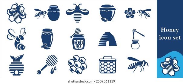 Honey icon set, beehive, bee, honey pot, honey drop, honey dipper,Golden syrup, sweet, nectar, apiary, beehive