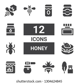 honey icon set. Collection of 12 filled honey icons included Ink, Bee, Honey, Jam, Pancake, Ant