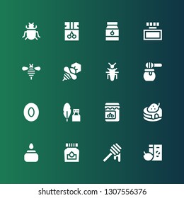 honey icon set. Collection of 16 filled honey icons included Breakfast, Honey, Ink, Pancake, Jam, Toffee, Insect, Bee