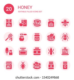 honey icon set. Collection of 20 filled honey icons included Jam, Breakfast, Pancake, Ink, Bee, Honey, Ant, Pancakes, Insect