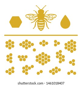 Honey Icon Set with Honeybee and Different Honeycomb Arrangements.