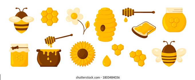 Honey icon set, honeycomb, bee, hive,  hexagon, jar, pot, drop, syrup toast and flowers. Organic food design concept isolated on white background. Vector illustration