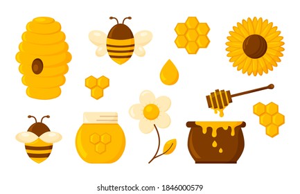 Honey icon set, honeycomb, bee, hive,  hexagon, jar, pot, drop, syrup toast and flowers. Organic food design concept isolated on white background. Vector illustration