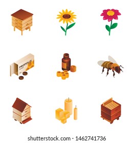 Honey icon set. Isometric set of 9 honey vector icons for web design isolated on white background
