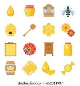 Honey icon set, raising bees product and harvesting objects, organic healthy apiculture elements. Vector flat style cartoon illustration isolated on white background