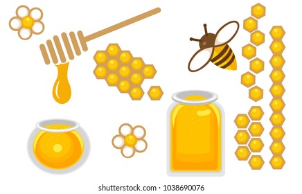 Honey icon set. Round and quart honey jar, bee with flower, honeycomb in different species. Vector Illustration