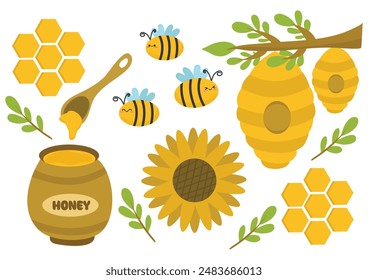 Honey icon set. Sunflower, Bee fly and honey in glass jar eco set, Wooden honey dipper, drop flowing, liquid propolis, etc