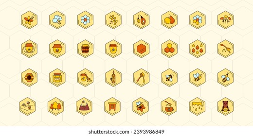 Honey icon set vector. Bee and flower, honey jar and spoon, bear and bee hive. Beekeeping products and beekeeping symbols. Design for logo, packaging design, labels, tags with bees and honeycombs.