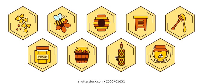 Honey icon set vector. Bee, flower, honey jar, spoon, candle, bee hive, Wooden stick with honey. Beekeeping products, symbols.