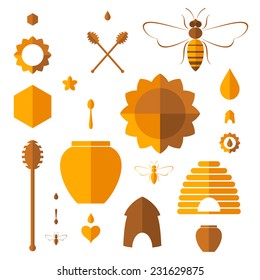 Honey icon set. Vintage style sign. Isolated honey jar bee and sunflower on white background. Vector illustration