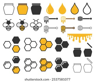 Honey icon symbol set. Honey symbol logo sign collection. Bee wax sign. Honey glass jar package design. Vector illustration image. Isolated on white background.