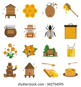 Honey icons set with apiary bees and flowers flat isolated vector illustration 