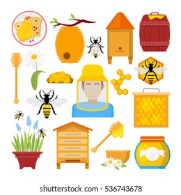 Honey Icons Set with Bee, Beekeeper, Honeycomb. Healthy Organic Food. Vector illustration