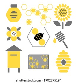 Honey icons set with bee, flowers ready product, beehive, jar, honeycomb isolated on white background. Vector flat illustration. Design for card, pattern, web, flyer