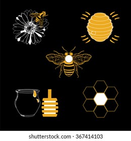 Honey icons set with beehive wax cell flying bee isolated vector illustration. Badges and labels design