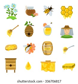 Honey icons set with bees flowers and ready product flat isolated vector illustration 