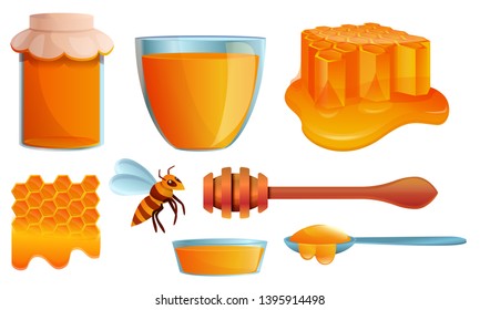 Honey icons set. Cartoon set of honey vector icons for web design