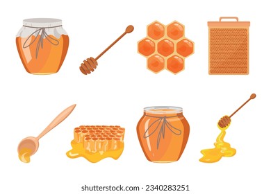 Honey icons set cartoon vector. Jar glass. Organic nutrition