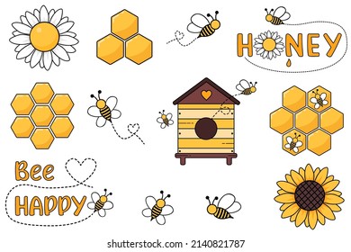 Honey icons set. Honey set. Flat set of honey vector icons. Collection of beekeeping. Cartoon apiary set. Illustration of bees, beehive and honeycombs. Vector drawing of honey for children.