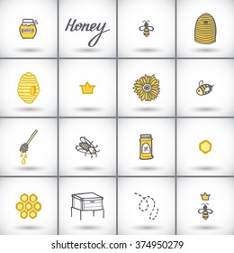 Honey icons set. Hand-drawn cartoon beekeeping collection - hive, bee, queen bee, spoon, jar, calligraphy. Doodle drawing. Vector illustration. 