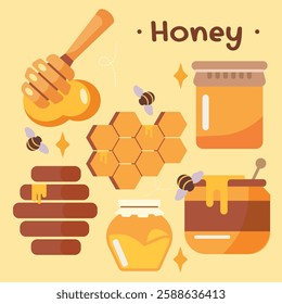 Honey Icons Set honeycomb dipper