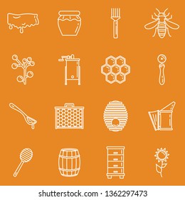 Honey icons, thin line style. Honey apiary outline icons set. Honeycomb and bee, beehive elements for apiary design