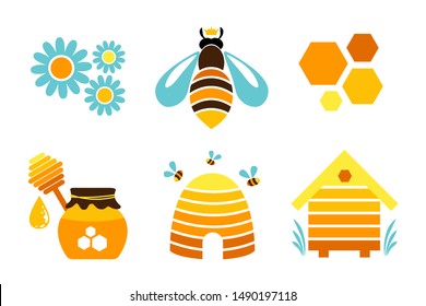 Honey icons. Vector design elements. Queen bee, honeycomb, hive, flowers and honey jar.