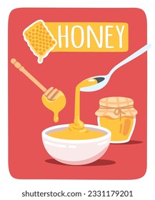 Honey ingredient flowing in bowl sticker. Bee honey product dripping from dipper, fresh honeycomb tasty, spoon, jar. Beekeeping, natural sweet food production, healthy dessert flat vector illustration